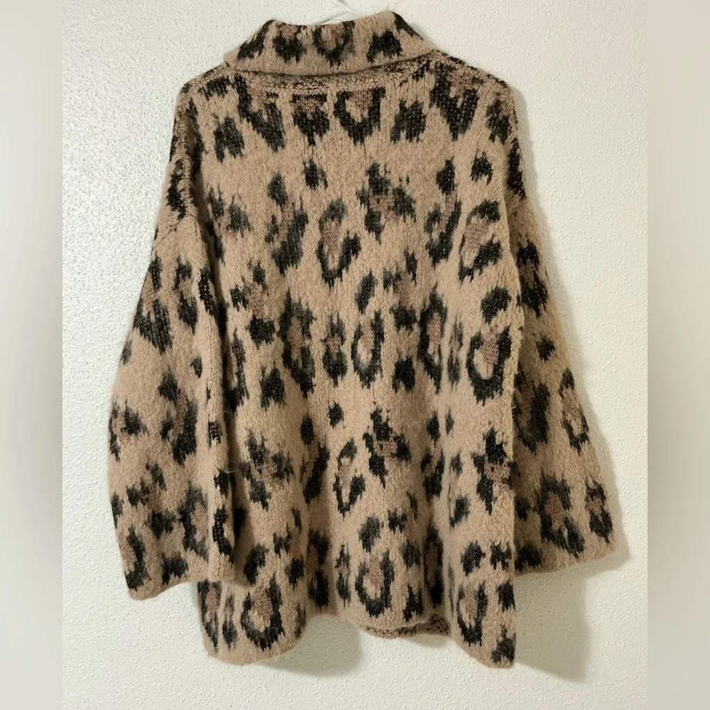 Kate Spade Leopard Print Chunky Sweater Alpaca Wool Oversized Mock Neck | XL